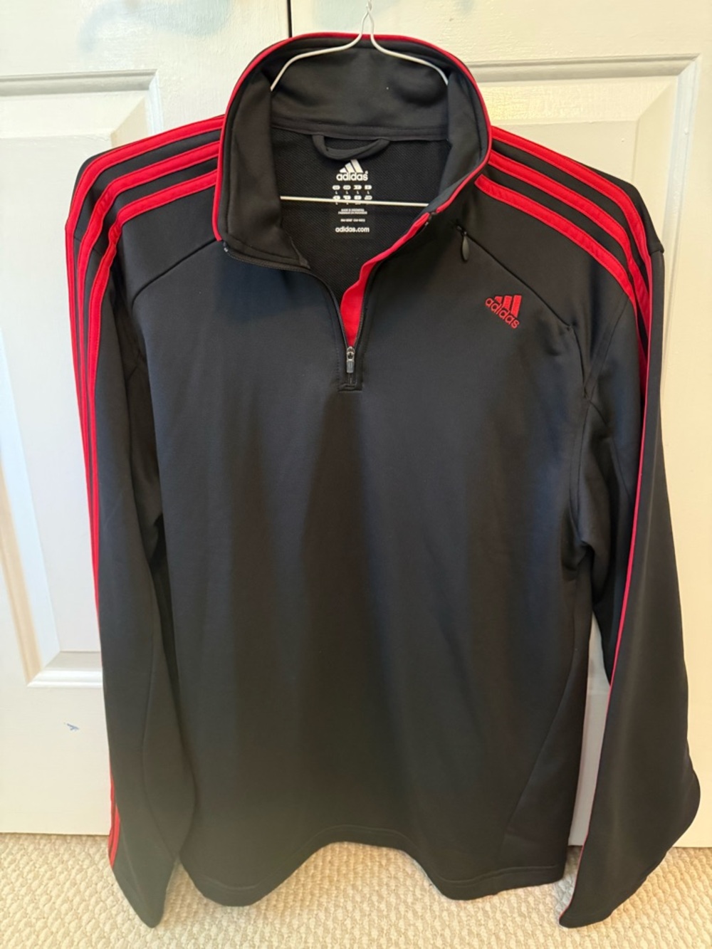 adidas Black Quarter-Zip Pullover with Red Stripes